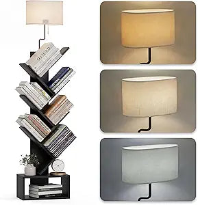 XBurmo 6 Tier Tree Bookshelf with Lights - Small Bookshelf Decor, Corner Bookshelf with Lamps, Living Room Storage, Tall Narrow DVD & CD Shelf, Comic Bookcases Standing for Bedroom or Office, Black