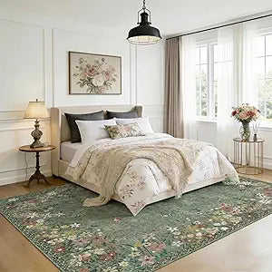 Floral 5x7 Green Area Rug Machine Washable Soft Print Boho Carpet Non Slip Rugs Low Pile Flower Area Rugs for Living Room Bedroom Nursery Kitchen Dining Room Indoor-Green