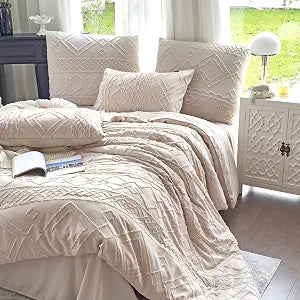 Boho Queen Comforter Set 3 Pcs Beige Tufted Geometric All Seasons