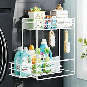 Nieifi 2 Tier Magnetic Shelves for Washing Machine, Magnetic Spice Rack for Refrigerator, Laundry Room & Kitchen Organizer Storage Baskets, White