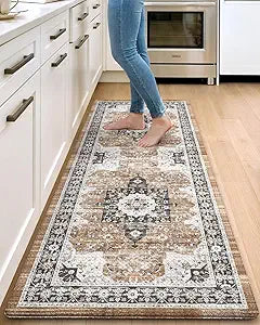 DEXI Kitchen Floor Mats Cushioned Anti Fatigue, 23x59 Rubber Wide Standing Comfort Runner Rug, Waterproof Retro Floral Memory Foam Padded for Front Sink Laundry, Black/Brown