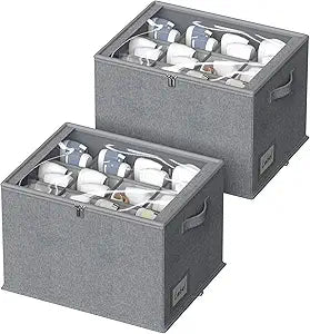 2 Pack Shoe Organizer for Closet - Shoe Storage Bins with Clear Cover, Fabric Shoe Storage Containers with Reinforced Handles, Fits up to 24 Pairs (Grey, 16.5 * 12.6 * 12.2in)