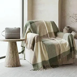 Soft Pure Wool Throw Blanket, Lightweight Warmth, 55"x83" with Fringe, Compact with Bag, Useful Gift for Women Men, All Season Decorative Cozy Travel Blanket for Couch Bed, Outdoors