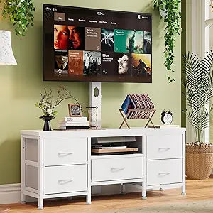 White TV Stand with Mount for 45, 55, 65, 75 Inch TV, Entertainment Center with 5 Fabric Drawers, Open Shelves, TV Media Console for Living Room