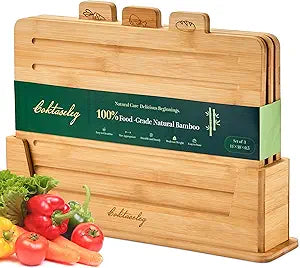 Bamboo Cutting Boards for Kitchen Set of 3, Large 14 x 10 with Holder, Wooden Cutting Board with Juice Groove & Labels for Meat Vegetables Bread