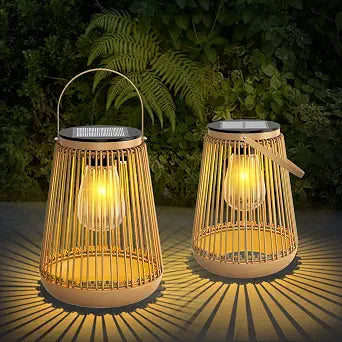 Solar Lanterns Outdoor Waterproof with Metal Base 2 Pack, Rattan Lanterns