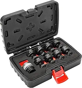 Powerbuilt 9 Piece 1/2-Inch Drive Impact Grade Universal Joint Quick-Change Socket Adapter and Sockets Set, Size: 17mm-24mm, Storage Case - 643031ECE