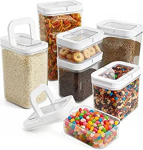 ECOBERI FlipLock Airtight Pantry Storage Containers, 7 Piece Rectangular Set, One-Hand Flip Handle, Silicone Seal, Stackable Clear BPA-Free PP Containers for Flour, Sugar, Cereal, Pasta and Snacks
