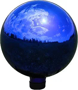 Sunnydaze 10-Inch Handblown Mirrored Glass Gazing Ball - Reflective Outdoor Garden Globe Sphere for Yard, Patio, Flower Bed, Walkway, and Landscape Decor - Blue Stainless Steel Finish