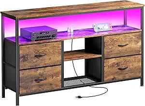 Huuger 47 Inch TV Stand Dresser with Power Outlets and LED Lights, Fabric Dresser for Bedroom, 4 Drawers Entertainment Center with Open Shelf, Media Console for 55 50 Inch TV, Rustic Brown