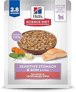 Hill's Science Diet Sensitive Stomach & Skin, Kitten, Stomach & Skin Sensitivity Support, Wet Cat Food, Salmon & Vegetables Stew, 2.8 oz Pouch, Case of 24
