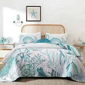 Djoymock Coastal Quilts Bedding Set Queen Size, Summer Green Fish Coral Nautical Bedding Quilt Set with Pillow Cases, Ocean Beach Reversible Bedspreads Coverlet Soft Microfiber Lightweight Comforter