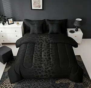 Full Size Black Leopard Bedding Set 7 Pieces Bed in a Bag, Cheetah Bedding Set with Sheets All Season, Animal Print Bed Sets with Comforter, Fitted Sheets, Flat Sheets, Pillow Shams and Pillowcases