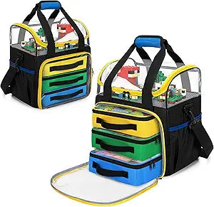 Rexmica 4 Packs Toy Storage Organizer Bag Compatible with Lego Building Bricks, Double Layer Toy Travel Case for Various Blocks, Magnetic Building Tiles, Board Game, Educational Math Game, Black