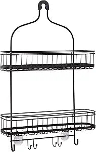 Zenna Home Shower Caddy Hanging Bathroom Organizer, Steel Shower Rack with 2 Extra Wide Shelves and Built in Hooks, Rust-Resistant Over Shower Head Caddy Storage System, Bronze