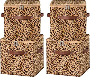 4PCS Storage Cubes with Zipper Lid 11 Inch Leopard Print Velvet Fabric Cute Decorative Storage Bins Boxes PU Leather Handles Closet Organizer Container Foldable Washable Shelf Basket