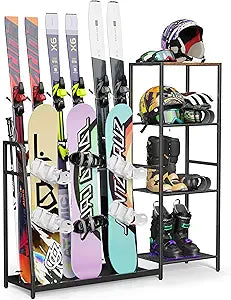 Freestanding Snowboard Rack - 4 Pair Ski, 3 Pack Snowboard, Boot, Pole, Goggles, Helmet Rack for Garage, Shed, Basement