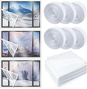 Beeveer 3 Set 75 x 79 Inch Window Insulation Kit Winter Window Plastic for Winterizing Home Cuttable Transparent Film with Adhesive Straps Reusable Thicken Thermal Waterproof Attic Cover Warm