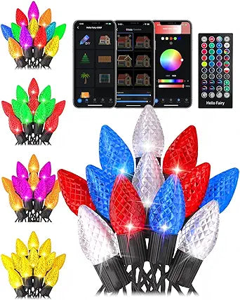 Patriotic Decorations - Smart C9 Christmas Lights Outdoor RGB, 66Ft 100 LEDs Dynamic 4th of July Decorations DIY Chasing Effects APP Remote Controlled, Waterproof, Music Sync Lights for Roofline Fence