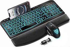 SABLUTE MA22 Pro Wireless Keyboard and Mouse Combo - Ergonomic Wave Keyboard with Soft Leather Wrist Rest, Phone Holder, Rechargeable, RGB Backlit Mouse, Full-Size Set for Windows/Mac/Computer