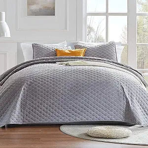 SLEEP ZONE 3-Piece Lightweight Reversible Quilt Set - Full/Queen Size - Soft Microfiber Coverlet Set for All Season (Gull Gray Diamond Pattern), Full/Queen (90x96 inch | 2 Pillow Shams)
