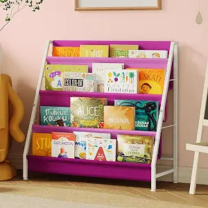 Aokitsink Kids Bookshelf for Kids Rooms, 4-Tier Montessori Bookshelf,Nursery Book Shelves,Pink Toddler Bookshelf, Metal Kid's Book Storage Organizer for Girls Room Furniture Playroom Kindergarten