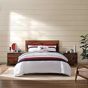 Tommy Hilfiger - King Duvet Cover Set, 100% Cotton Percale Bedding with Matching Shams, Button Closure & Corner Ties, Soft and Breathable Comfort, Reversible Stripe Design, Americana Decor (Blue)