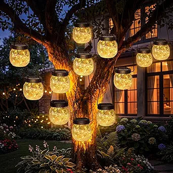 12 Pack Solar Hanging Lanterns Outdoor Waterproof, Crackle Glass Solar Globe Lights with Warm White Glow, Garden Decor for Tree, Shepherd Hook, Fence, Patio, Yard, Gifts for Women Mom