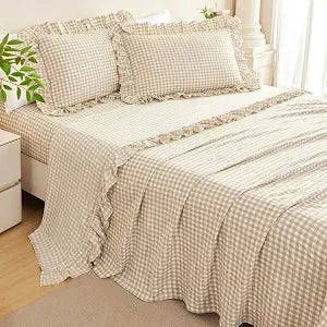 RYNGHIPY 4 Pieces Gingham Bed Sheet Set Full Tan Plaid Ruffle Sheet Set