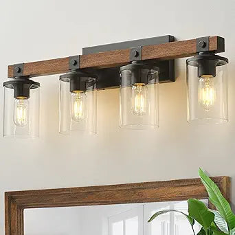 Bathroom Vanity Light Fixtures 4 lights, Wooden Farmhouse Vanity Lights Rustic Bathroom Lights over Mirror with Clear Glass Shade Black Industrial Wall Sconce for Bathroom Bedroom Hallway Kitchen