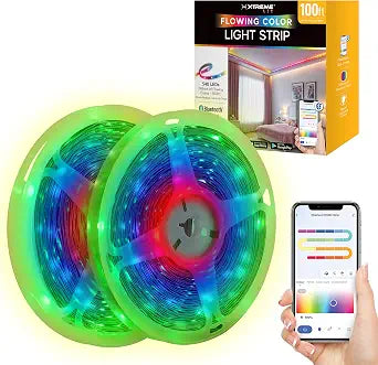 Xtreme RGB+IC LED Light Strip, 100 Foot Indoor Sound Reactive Multi Color Chasing LED Light Strip, Bluetooth App Control, Sound Reactive Gaming Lights, 540 RGB+IC LED Lights, 24V Plug-in Light Strip