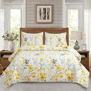 Jarson 3-Piece Floral Quilt Set Full/Queen Size,Lightweight Spring Summer Country Bedspread,Reverisible Patchwork Botanical Flowers Bedding Set(1 Coverlet & 2 Pillow Shams Included)