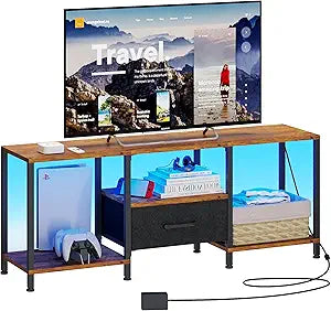 JARHETUN TV Stand with LED Lights, Entertainment Center with Open Shelves and Fabric Drawer, Media Console for 55 Inch TV, Television Stands, Living Room Furniture, Bedroom, Rustic Brown