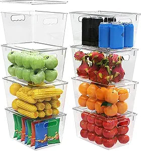 YAN & HIN 8 Pack Clear Storage Bins with Lids, Stackable Plastic Organizer Bins with Handles, Pantry Organizers and Storage for Kitchen Cabinet, Fridge, Bathroom, Closet and Shelf Organization