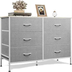 WLIVE Dresser for Bedroom with 6 Drawers, Wide Dresser TV Stand for 50 Inches TV with Metal Frame, Wooden Top, Chest of Drawers, Fabric Dresser for Living Room, Hallway, Light Grey