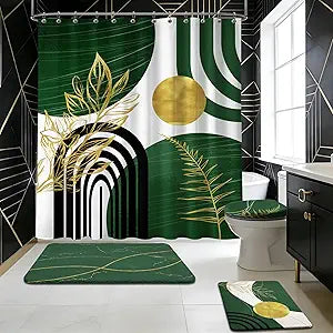 Olive Green and Gold Mid Century Modern Shower Curtain Set for MCM Bathroom 4 Pcs Bathroom Accessory Decor Sets with Shower Curtain and Rugs, with 12 Hooks