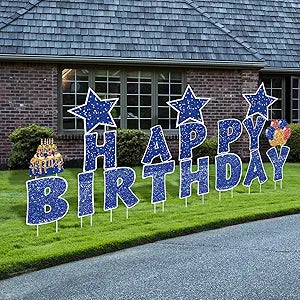 Jetec 18 Pieces Happy Birthday Yard Signs with Stakes, 16 Inches Birthday Outdoor Lawn Signs, Cake Balloon Patio Decorations, Garden Lawn Decorations for Party Outdoor Decor(Blue)