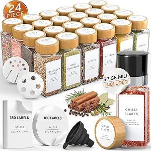 Glass Spice Jars with 360 Labels -24 pcs- 4oz- Spice Containers with Bamboo Lids -Shaker Lids- Pepper Grinder-Spice Organization for Cabinet-Drawer-Rack-Seasoning Organizer-Square bottles