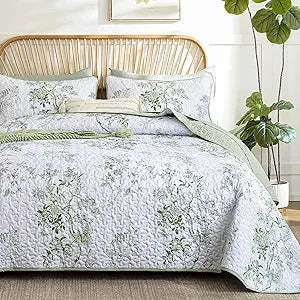 WONGS BEDDING Green Floral Quilt Set King,Botanical Leaf & Butterfly Pattern Bedspread Coverlet Set,Soft Beautiful Farmhouse Plants Quilts Bedding Set for All Seasons(104"90")