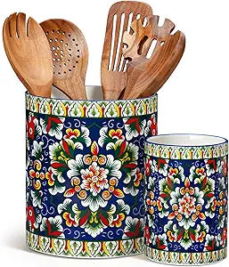 vancasso SIMI Utensil Holder, 7.3"+5.5" Porcelain Kitchen Utensil Holder for Countertop, Bohemian Kitchen Utensil Organizer for Spatulas, Spoons, Decorative Counter Utensil Crock, Verdant Jewel