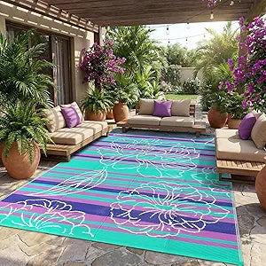 Garvee 10x14 Outdoor Waterproof Rug, Floral Outdoor Area RugReversible Plastic Straw Patio Rug, Portable Camping Mat for RV, Picnic, Beach, Balcony, Garden & Camping Purple&Blue