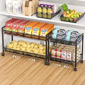 3IngSeagulls 2-Tier Expandable Rolling Pantry Floor Organizer, Stackable Pantry Storage Cart with Wheels, Kitchen Fruit and Vegetable Storage Rack for Onion, Potato, Food, Snacks