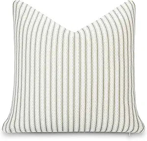 Crumbs Home Modern Farmhouse California Casual Indoor Outdoor Throw Pillow Cover, 22"x22" Water Repellent for Patio, Backyard, Couch, Poolside, Oliver Green Print Wave Stripes