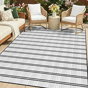 KANAGAWA Outdoor Rug Waterproof, 8x10 ft Reversible Plastic Straw Braid Rug Outdoor Carpet RV Mat for Patio, Porch, Picnic, Balcony, Deck, Backyard, Grey & White