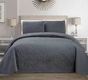 Mk Collection 3pc King/California King Solid Embossed Bedspread Bed Cover Over Size Dark Grey New