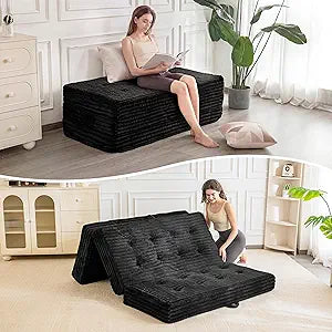 MAXYOYO Folding Sofa Couch Bed, 6 Inch Tri-Fold Floor Sofa Bed, Folding Couch with Handles, Soft Faux Fur Folding Bed with Supportive Foam Filling, Portable Couch for Living Room, Queen, Black