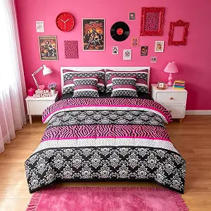 Feelyou Polka Dot with Zebra Print Comforter Set with Sheets 7 Piece Twin Size Pink Black White Zebra Bedding Set Kids Adult Wild Animal Skin Texture Bed in a Bag Decor Soft Lightweight Microfiber