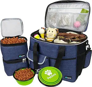 PetAmi Dog Travel Bag Organizer, Pet Travel Kit with 2 Food Containers & 2 Collapsible Dog Bowls, Pet Supplies Tote with Luggage Sleeve, Weekend Road Trip Camping Essentials, Navy Blue, Large