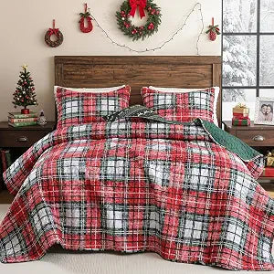 FROZZUR Christmas Quilt Set Queen Size, Red Plaid Christmas Bedding