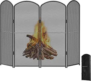 4-Panel Fireplace Screen, 47.8" W x 31" H Foldable Wrought Iron Fire Spark Guard, Decorative Metal Mesh Fireplace Cover for Living Room, Fire Cover for Baby,Pet Proof Safety Gate Black